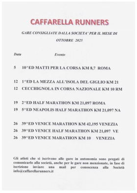 Gare di Ottobre 2025 Consigliate dalla Società - Caffarella Runners asd