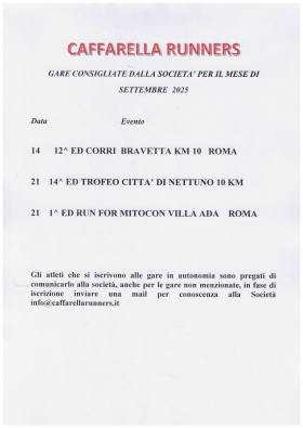 Gare di Settembre 2025 cosigliate dalla società - Caffarella Runners asd