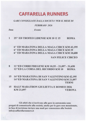 Gare di Febbraio 2026 cosigliate dalla società - Caffarella Runners asd