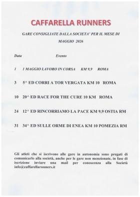 Gare di Maggio 2026 Consigliate dalla Società - Caffarella Runners asd
